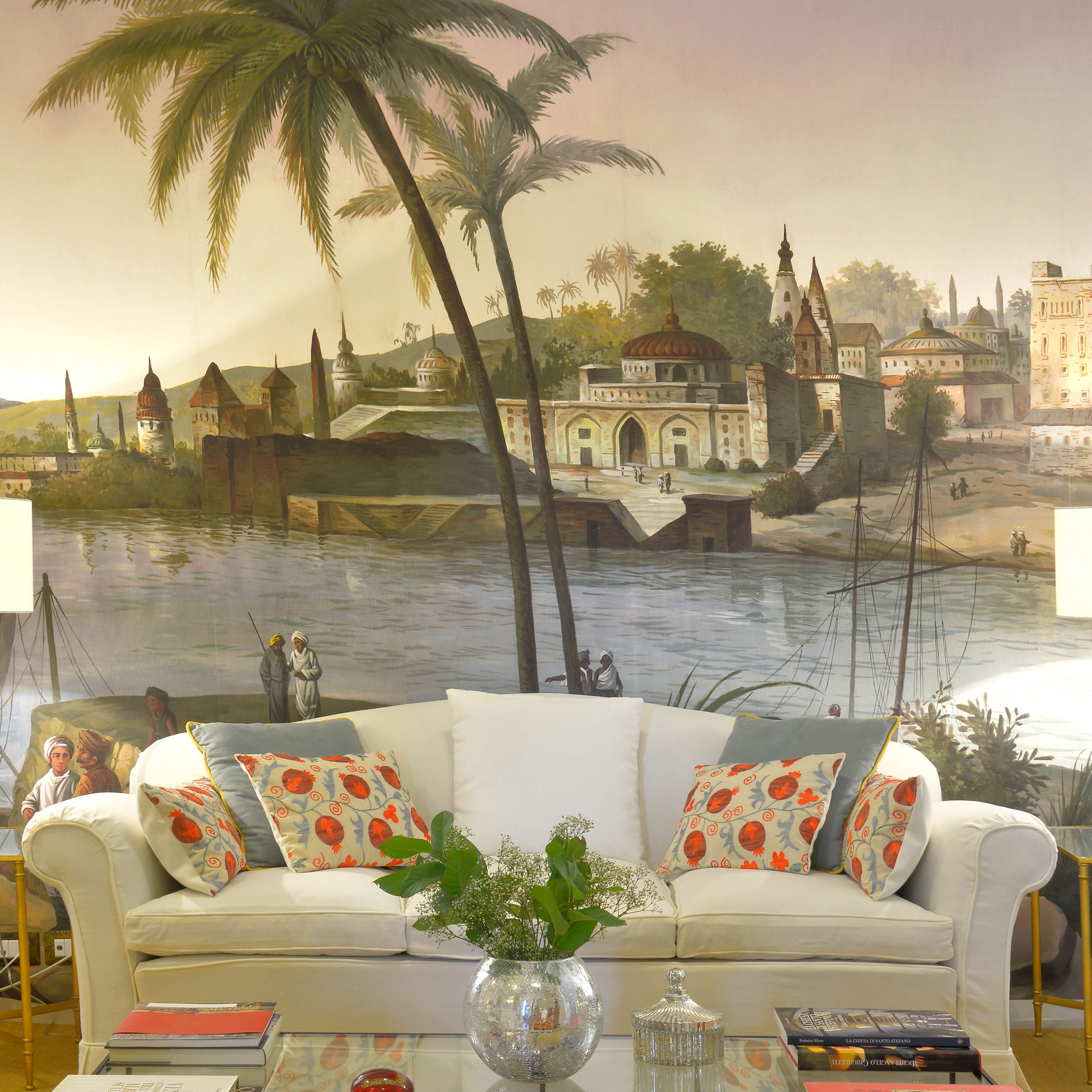 The printed panoramic wallpaper in the living room